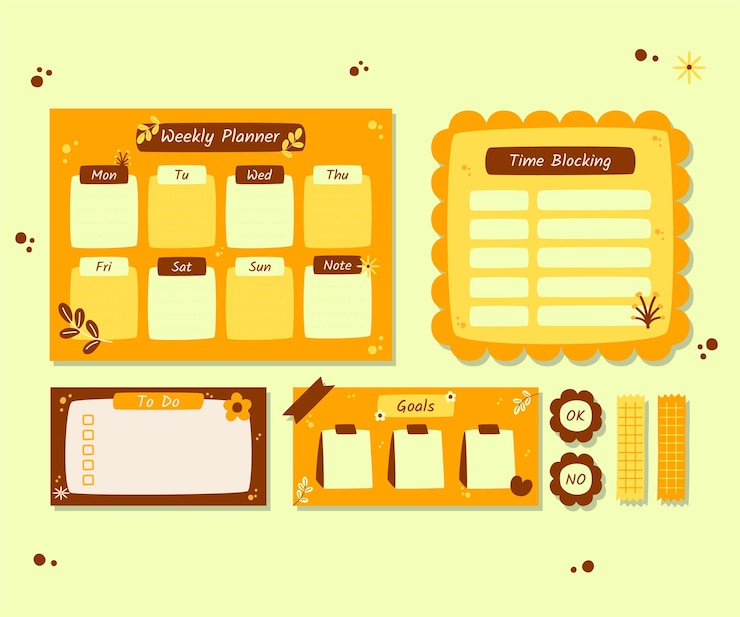 Planificador de productividad personalizable con ilustraciones de garabateo para pegatinas, diario y cuaderno de recortes