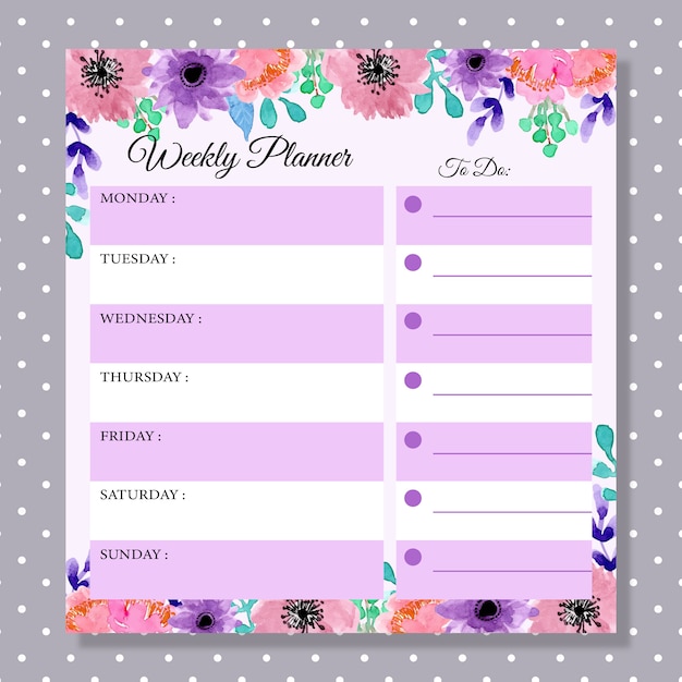 Planificador semanal con acuarela floral morado