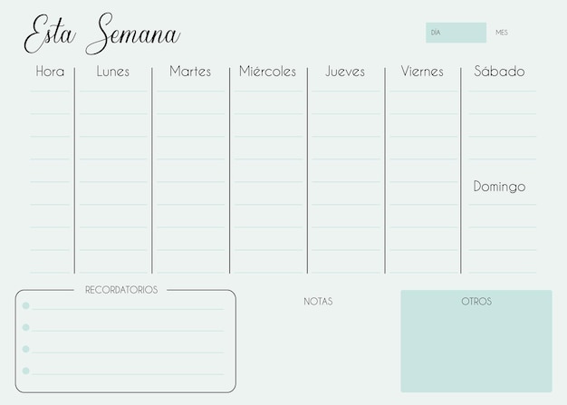Vector planificador semanal básico en español