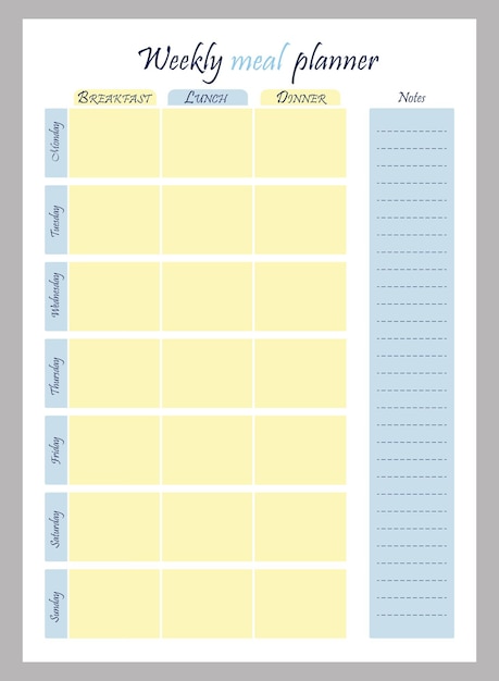 Planificador semanal de comidas Patrón vertical Organizador planificador y notas Ilustración vectorial