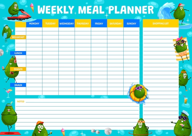 Planificador semanal de comidas con personaje de aguacate de dibujos animados