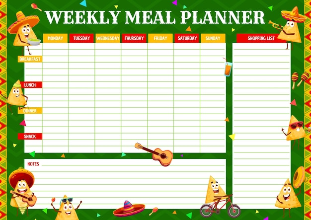 Planificador semanal de comidas con personajes de nachos mexicanos