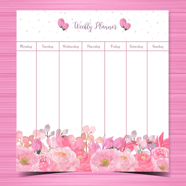 Planificador semanal floral con hermosas rosas rosadas