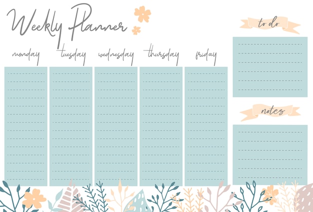 Planificador semanal con flores, organizador de papelería para planes diarios, plantilla de planificador semanal floral vector, horarios