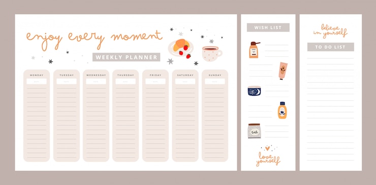 Vector planificador semanal con frases de motivación. disfruta cada momento, ámate a ti mismo, cree en ti mismo. lista de deseos, lista de tareas