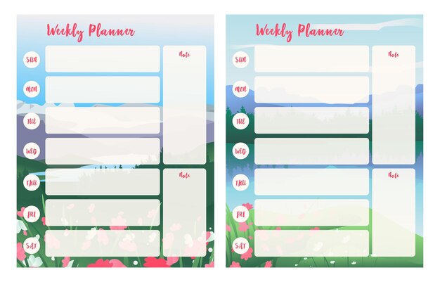 Vector planificador semanal con hermosos paisajes de montaña en plantilla de fondo y notas