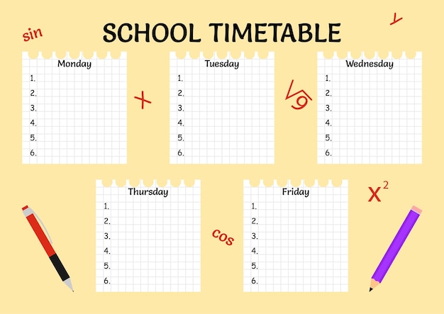 Planificador semanal del horario escolar De vuelta a la escuela Ilustración vectorial