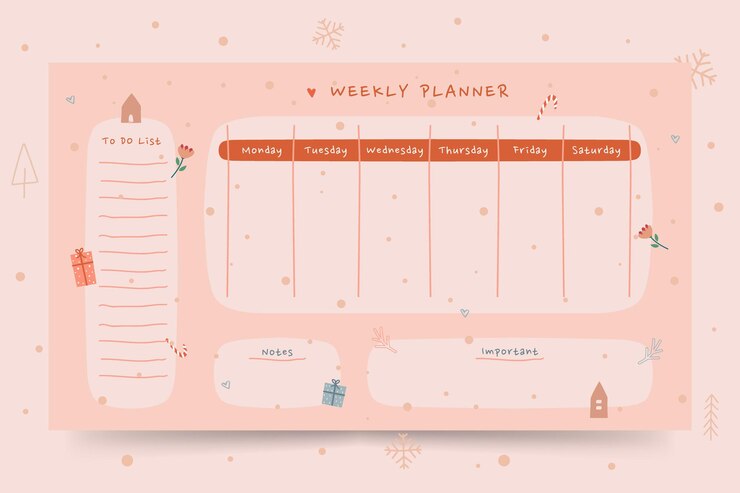 Planificador semanal imprimible con gráfico lindo del tema de las vacaciones de los regalos rosados de la ilustración para el diario