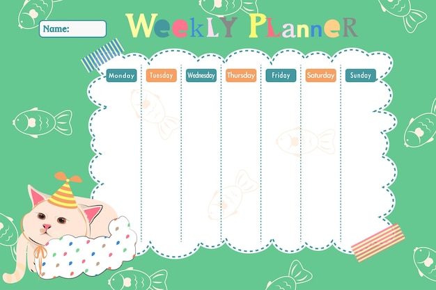 Planificador semanal infantil con gato de dibujos animados y elementos lindos_ plantilla de horario