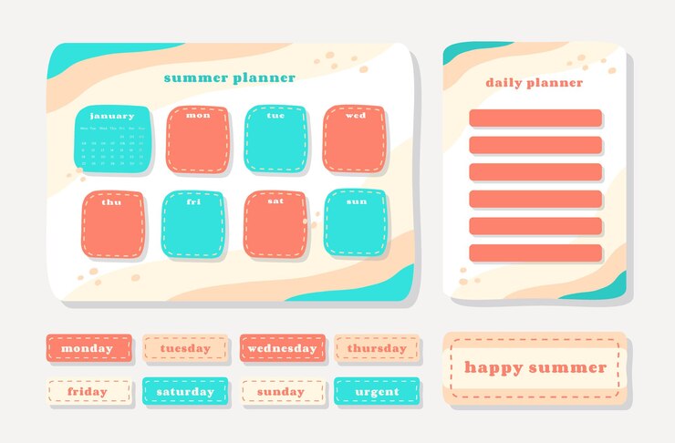 Planificador semanal con lindo gráfico de tema de verano de ilustración para llevar un diario, pegatinas y álbumes de recortes.