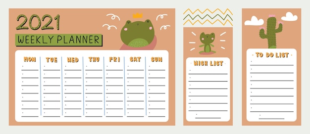 PLANIFICADOR SEMANAL, LISTA DE DESEOS Y LISTA DE HACER CON RANA LINDA Y ELEMENTOS DIBUJADOS A MANO ILUSTRACIÓN