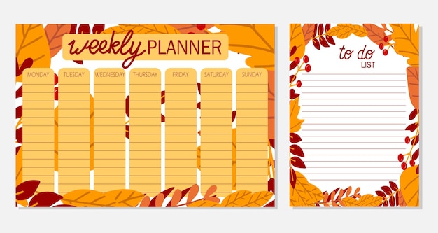 Planificador semanal y lista de tareas con hojas de otoño