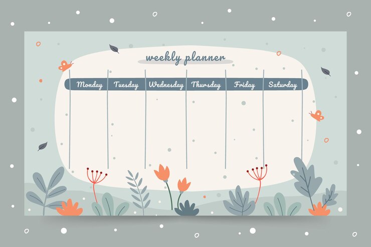 Planificador semanal de primavera juguetón imprimible con ilustraciones dibujadas a mano en colores azul pastel.