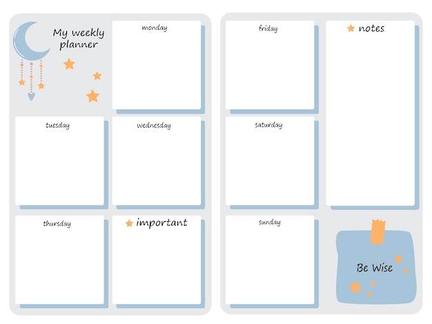 Planificador semanal de vector azul con organizador de papelería de notas para horarios de planes diarios