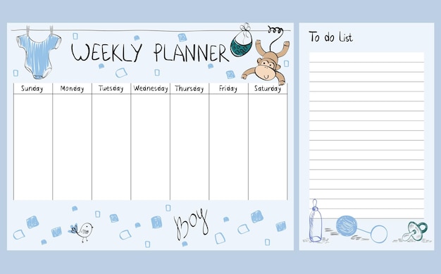 Planificador semanal de vector de dibujo a mano con elementos de bebé
