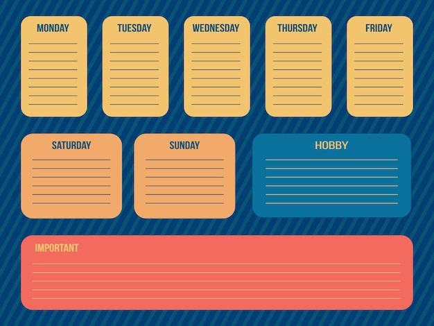 Planificador semanal vectorial para escolares y estudiantes en colores de moda Plantilla de diseño de horarios