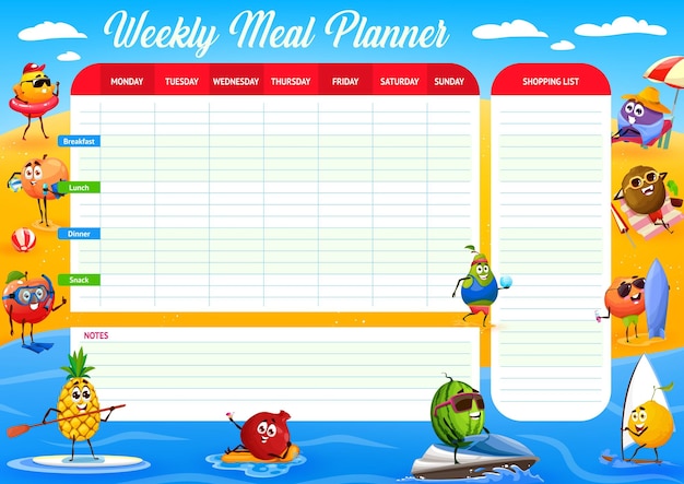 Planificador de vacaciones de playa de verano de frutas crudas de dibujos animados