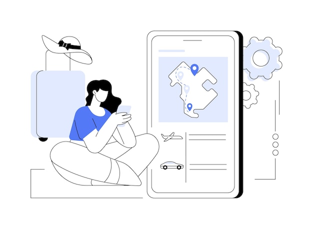 Planificador de viajes concepto abstracto ilustración vectorial Mujer con teléfono inteligente utiliza la aplicación de viaje para planificar vacaciones software de desarrollo de aplicaciones de tecnología de TI para turistas metáfora abstracta