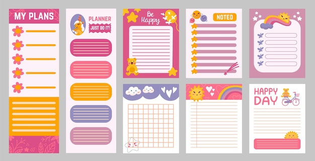 Planificadores infantiles Listas de tareas de diseño lindo estilo escandinavo Notas plantilla de papel Notebook páginas vacías con elementos de dibujos animados Conjunto vectorial neotérico