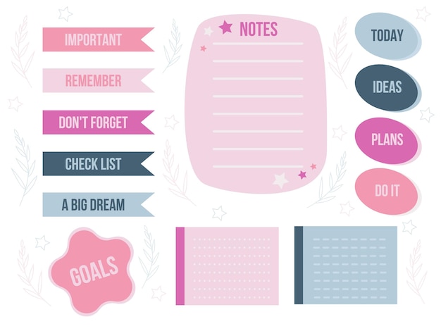 Planificadores de tareas de dibujos animados pegatinas de papel bonitas pancartas listas de tareas o cuadernos horarios vacíos