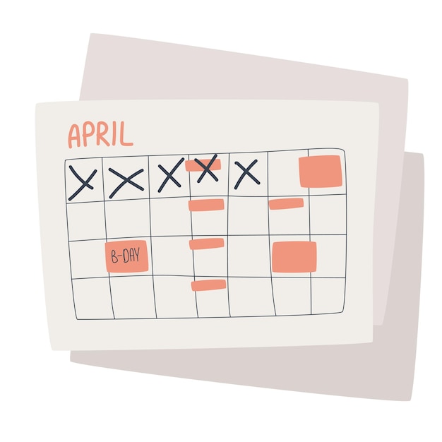Planifique su horario en el calendario con la aplicación establecer recordatorio de tareas y nota en el planificador de negocios ilustración vectorial plana aislada sobre fondo blanco calendario físico de abril