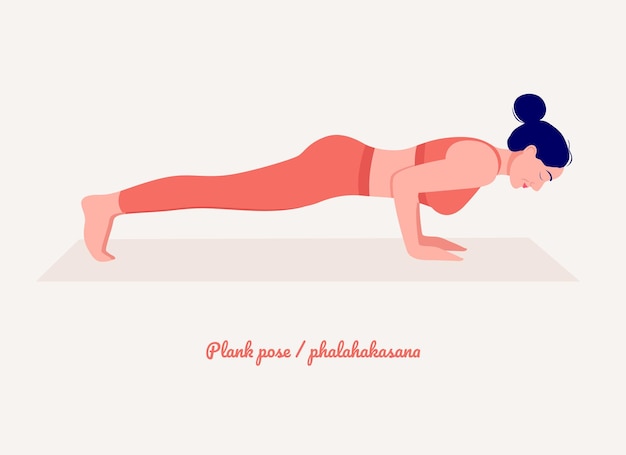 Vector plank yoga pose mujer joven practicando ejercicios de yoga