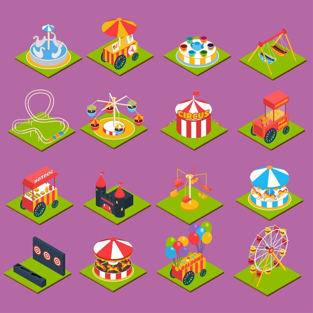 Plano 3d isométrico carrusel atracción atracciones entretenimiento parque icono conjunto concepto
