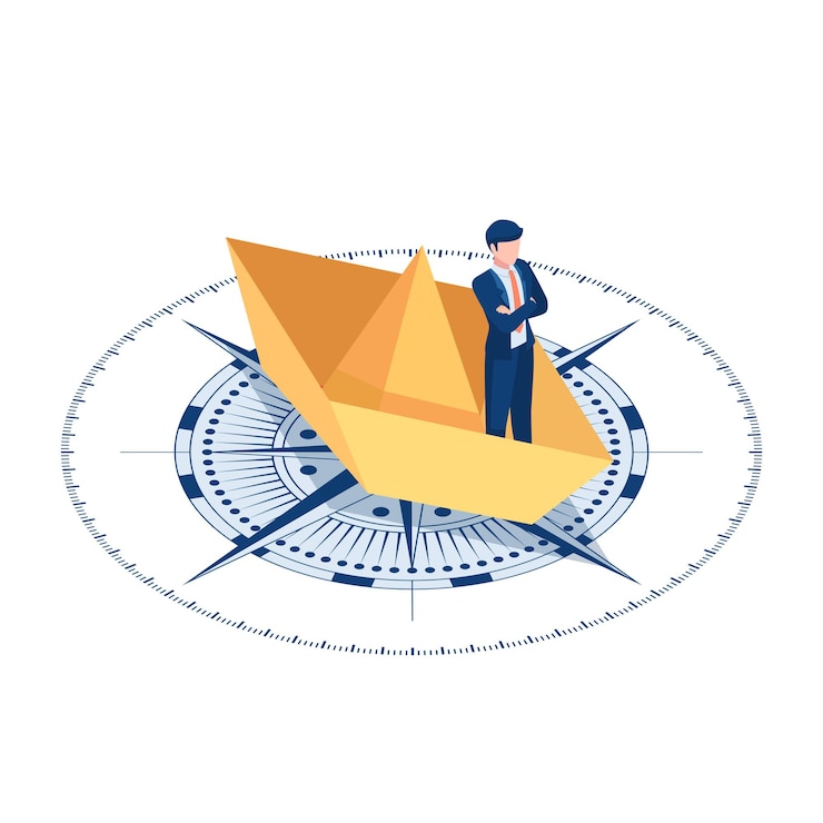 Vector plano 3d isométrico empresario de pie en el barco de papel sobre la brújula. concepto de liderazgo y negocios.