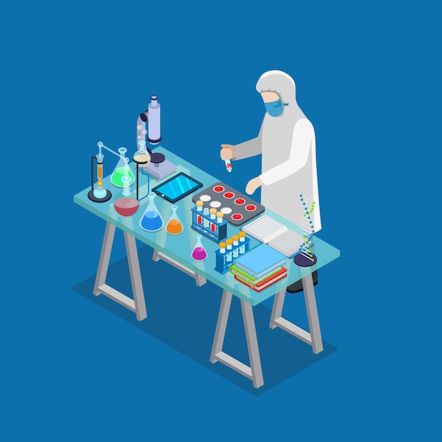 plano 3d isométrico laboratorio de ciencia experimento investigación farmacéutica concepto químico infografía web