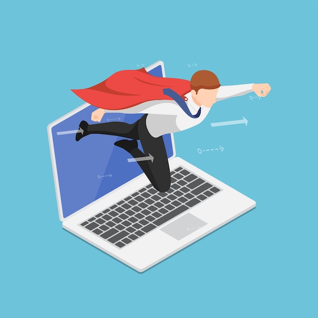 Plano 3d isométrico Super empresario volando desde la pantalla del portátil. Inicio de negocios y concepto de impulso de marketing online.