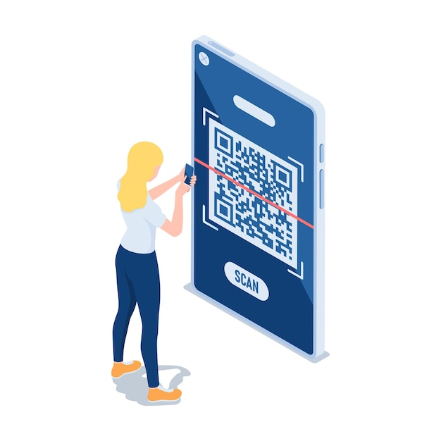 Vector plano 3d mujer isométrica uso smartphone escaneo de código qr. concepto de tecnología de verificación de código qr.