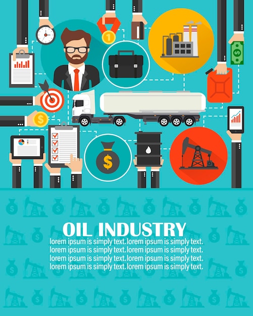 Vector plano de aceite de negocios de gestión con camión cisterna de gasolina ilustración vectorial lorem ipsum es simplemente vector de texto