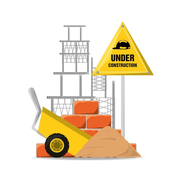 Vector plano bajo advertencia de construcción y carro con cemento