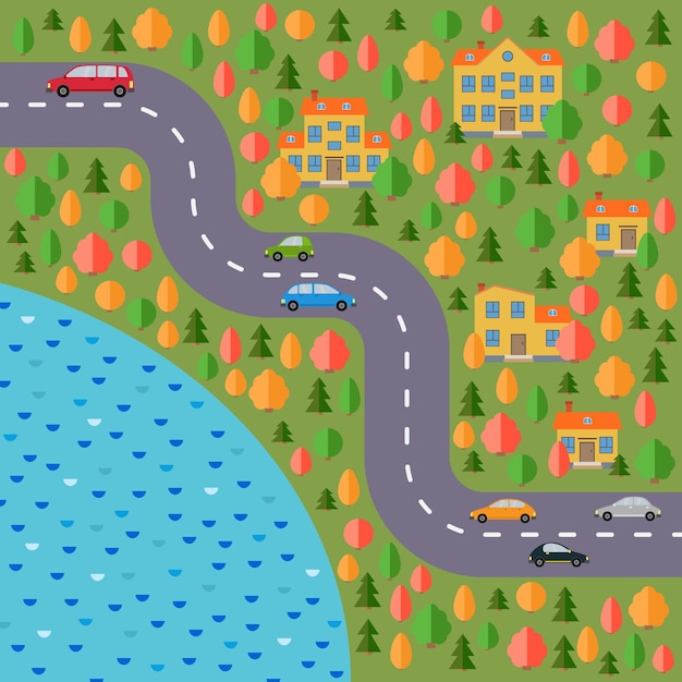 Plano de aldea. paisaje con la carretera, bosque, lago, coches y casas. ilustración vectorial