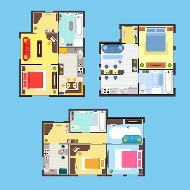 Vector plano de apartamento arquitectónico con muebles vista superior sobre un fondo azul.