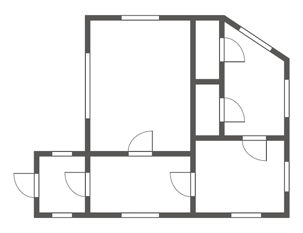 Vector plano arquitectónico del apartamento condominio o casa aislado en blanco y negro plano de planta diseño de interiores cocina dormitorios salón comedor y baño apartamento sin muebles vista superior