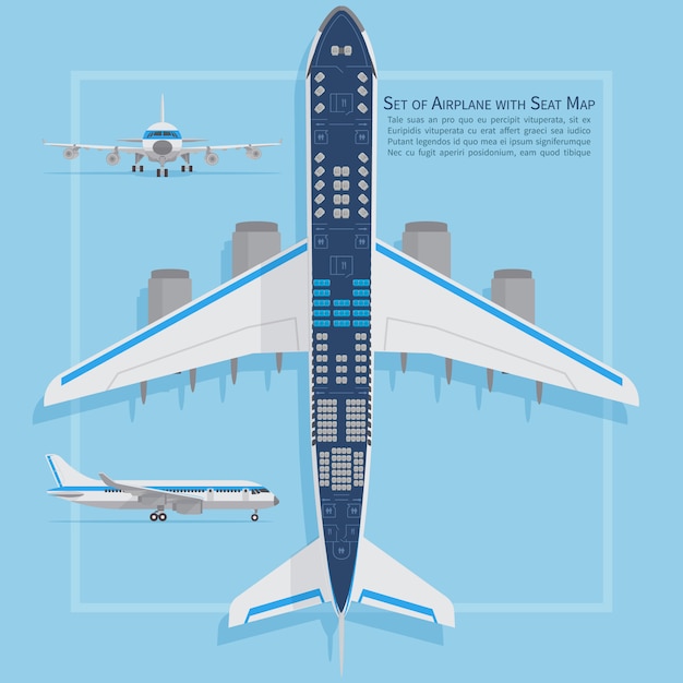 Plano de asientos de avión vista superior. Clases de negocios y economicas avion mapa de informacion indoor Ilustracion vectorial Carta de asiento plano, plano, de avión de pasajeros.