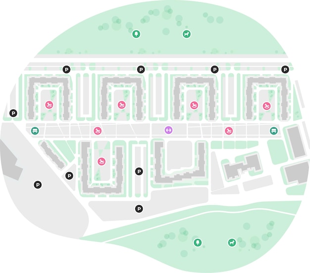 Plano de la ciudad de un área en forma de burbuja con la designación de parques, calles, casas, social