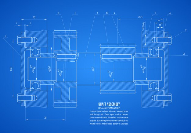 Vector plano del conjunto del eje, dibujo técnico del proyecto sobre el fondo azul.