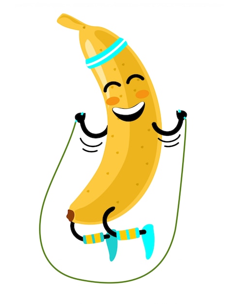 Vector plano divertido personaje de plátano saltando a la cuerda. alegre fruta hace ejercicios con saltar la cuerda. ilustración aislada sobre un fondo blanco. concepto de estilo de vida saludable y deportivo.