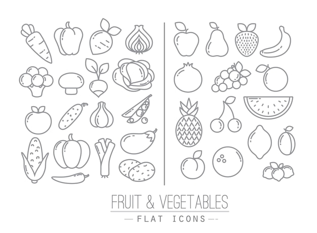 Plano, frutas, vegetales, iconos