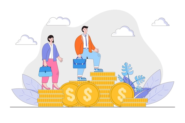 Plano hombre y mujer de pie en diferentes pilas de monedas de oro concepto Esquema diseño estilo mínimo vector ilustración para página de destino web banner infografía héroe imágenes