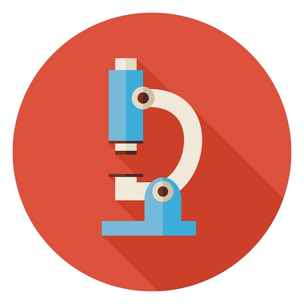 Plano icono de círculo de microscopio de laboratorio de ciencia y medicina con sombra. Regreso a la escuela y la educación ilustración vectorial. Equipo de tecnología de laboratorio colorido. Objeto de Investigación y Física Biología.