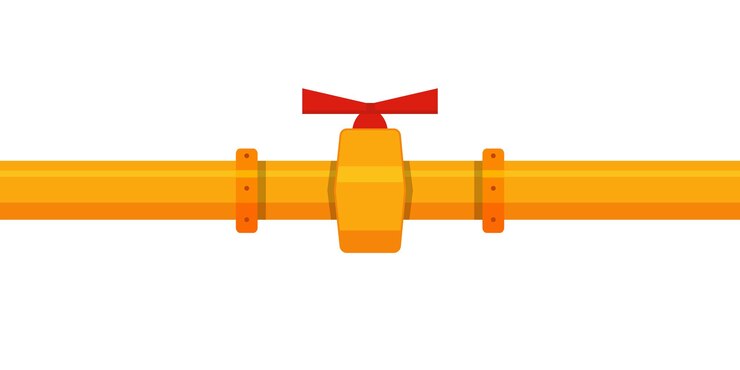 Plano industrial con tubo amarillo y válvula roja sobre blanco