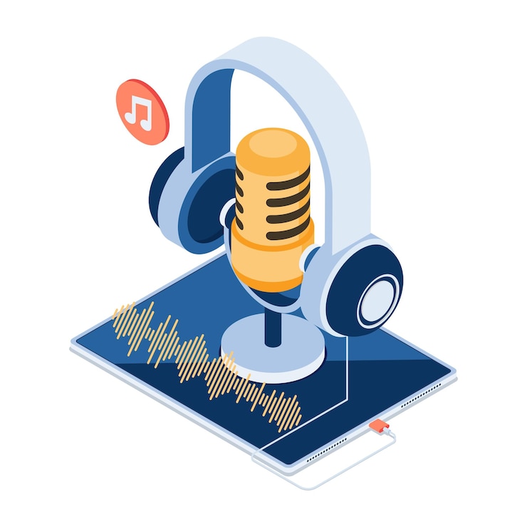Vector plano isométrico 3d micrófono y auriculares en tableta digital. concepto de podcast.