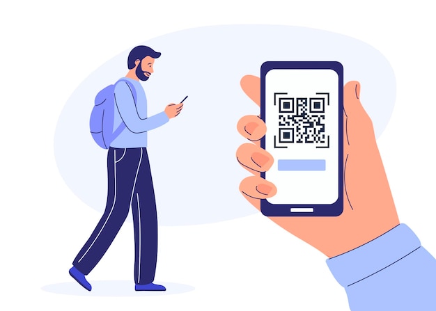 Plano joven caminando cerca de un gran teléfono inteligente con símbolo qr en la pantalla. estilo de dibujos animados