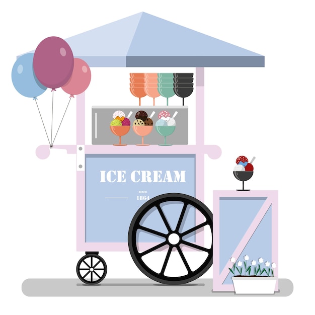 Plano lindo carrito de helados Punto de venta de helados en el parque en la calle Feria Vector