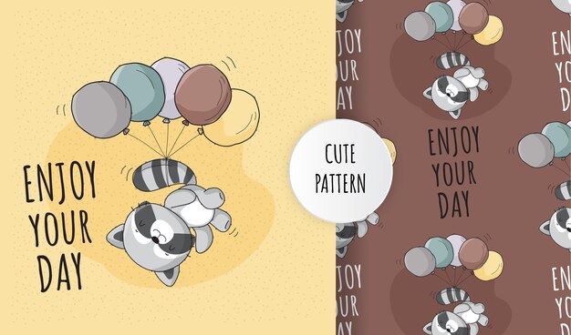 Plano lindo mapache animal feliz volando con conjunto de patrones de globos