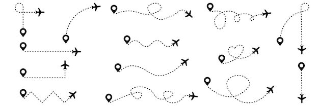 Plano con línea de ruta establecer iconos ilustración vectorial