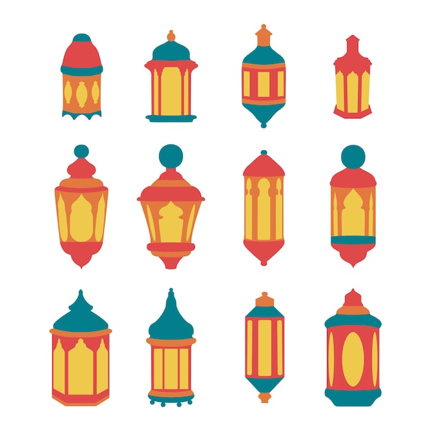 Plano, de, un, linterna, conjunto, vector, ilustración, ramadan, kareem, plano, estilo, plano de fondo